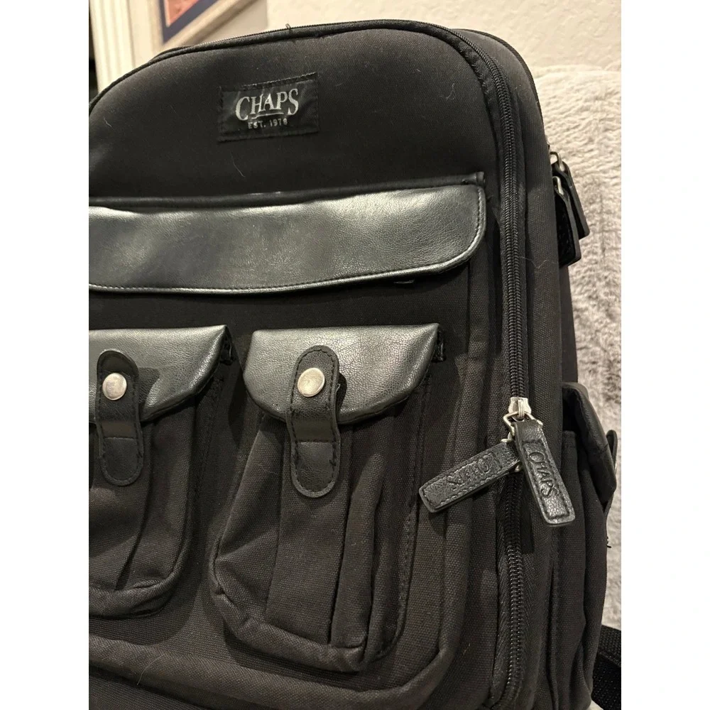 Chaps Black Canvas‎ Backpack Multi Pocket Faux Leather Trim Travel School Bag